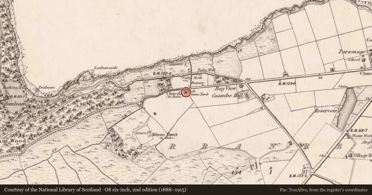 Ordnance Survey six-inch map, 2nd edition (1888–1915) covering the location of Graveyard, Farranreagh, County Kerry, with a pin at the register's coordinates