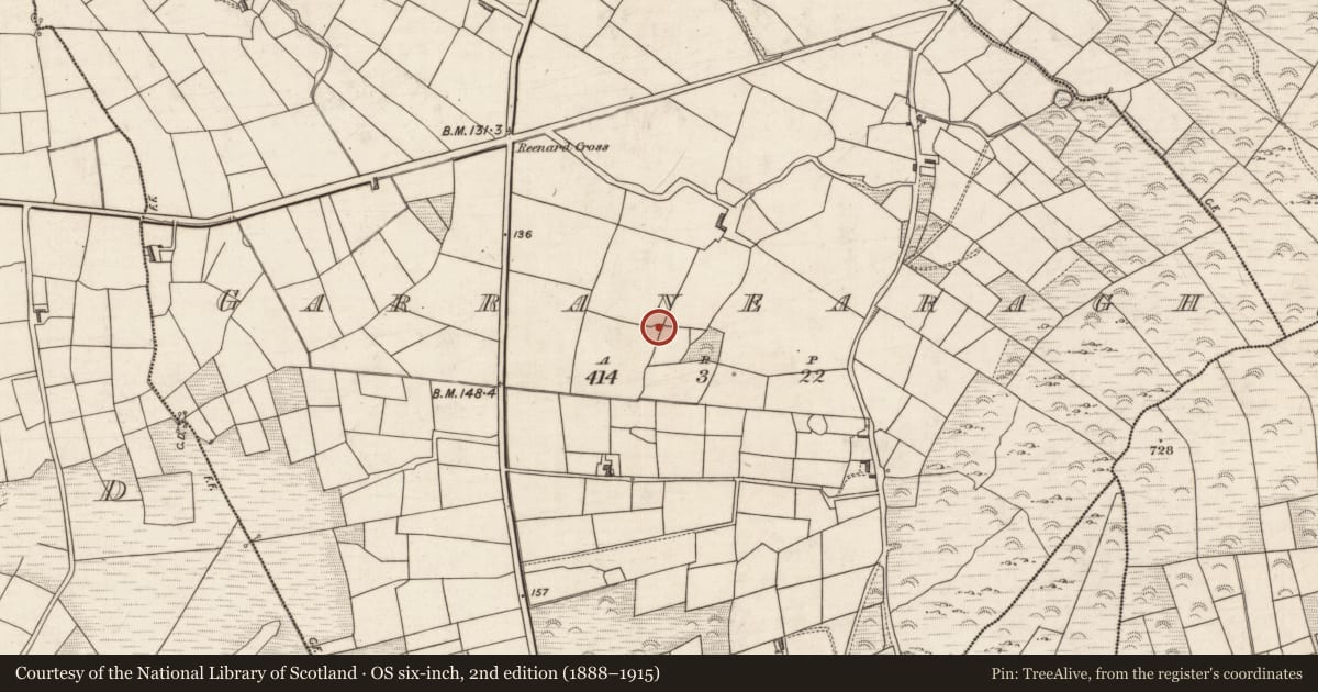 Ordnance Survey six-inch map, 2nd edition (1888–1915) covering the location of Enclosure, Garranearagh, County Kerry, with a pin at the register's coordinates