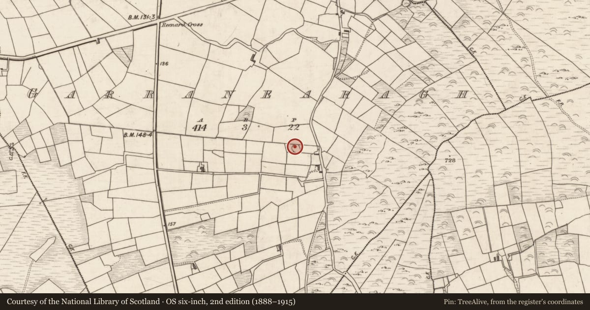 Ordnance Survey six-inch map, 2nd edition (1888–1915) covering the location of Hut site, Garranearagh, County Kerry, with a pin at the register's coordinates
