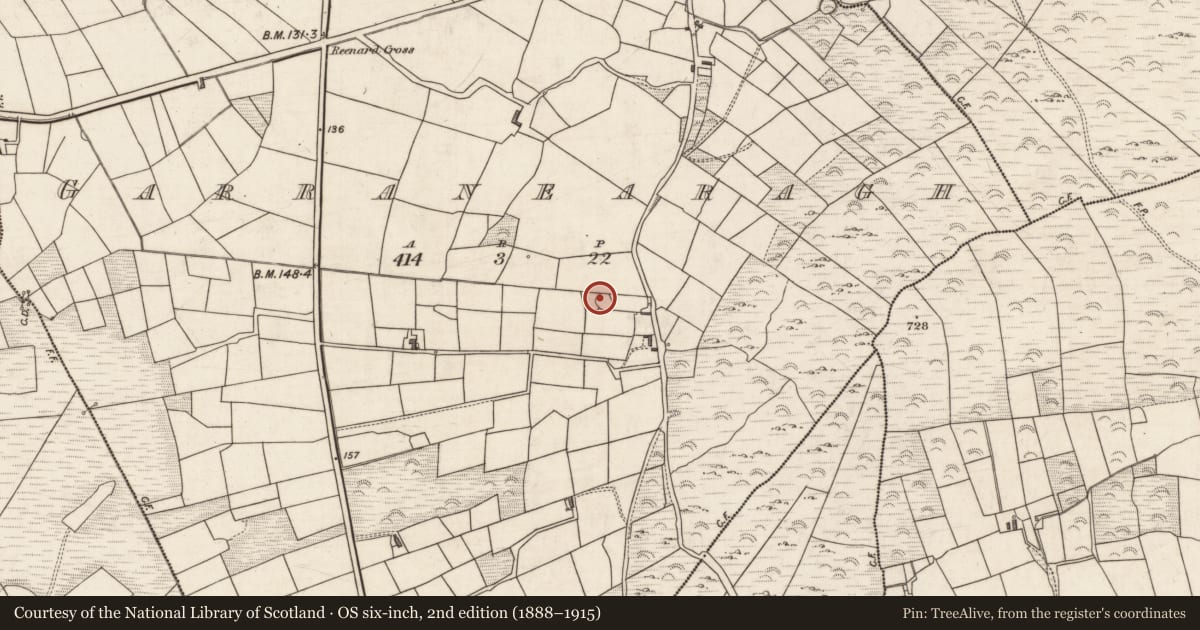 Ordnance Survey six-inch map, 2nd edition (1888–1915) covering the location of Souterrain, Garranearagh, County Kerry, with a pin at the register's coordinates