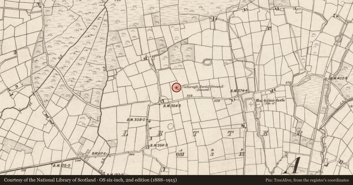 Ordnance Survey six-inch map, 2nd edition (1888–1915) covering the location of Children's burial ground, Letter, County Kerry, with a pin at the register's coordinates