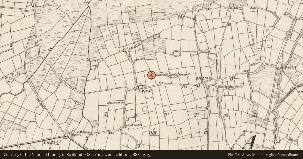 Ordnance Survey six-inch map, 2nd edition (1888–1915) covering the location of Ecclesiastical enclosure, Letter, County Kerry, with a pin at the register's coordinates