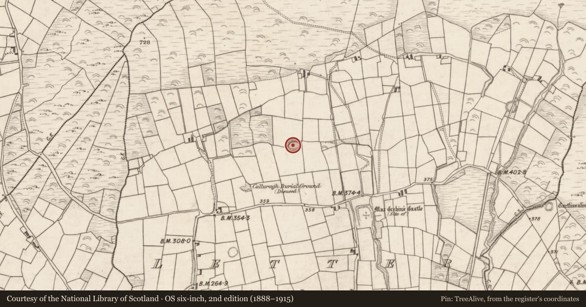 Ordnance Survey six-inch map, 2nd edition (1888–1915) covering the location of Cultivation ridges, Letter, County Kerry, with a pin at the register's coordinates