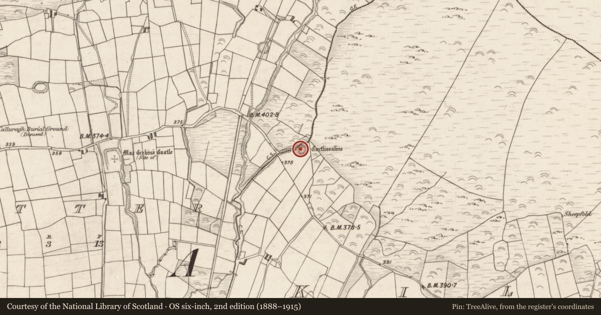 Ordnance Survey six-inch map, 2nd edition (1888–1915) covering the location of Hut site, Killoe, County Kerry, with a pin at the register's coordinates