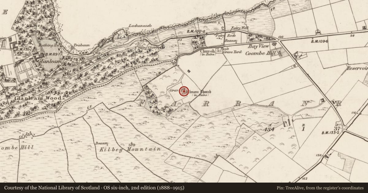 Ordnance Survey six-inch map, 2nd edition (1888–1915) covering the location of Church, Farranreagh, County Kerry, with a pin at the register's coordinates