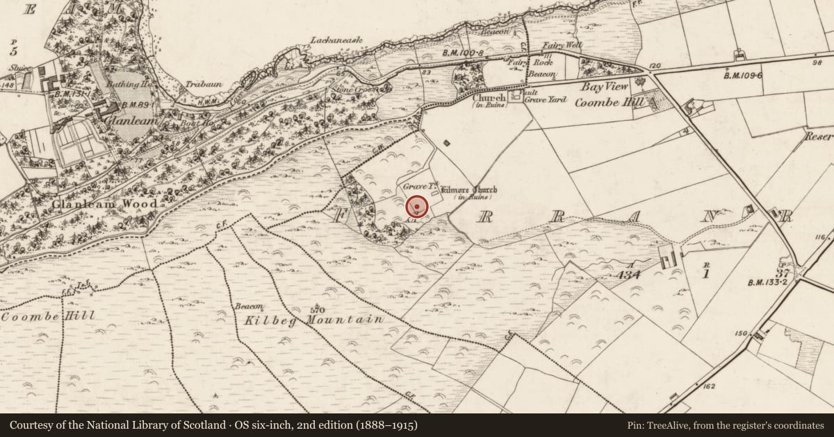 Ordnance Survey six-inch map, 2nd edition (1888–1915) covering the location of Headstone, Farranreagh, County Kerry, with a pin at the register's coordinates