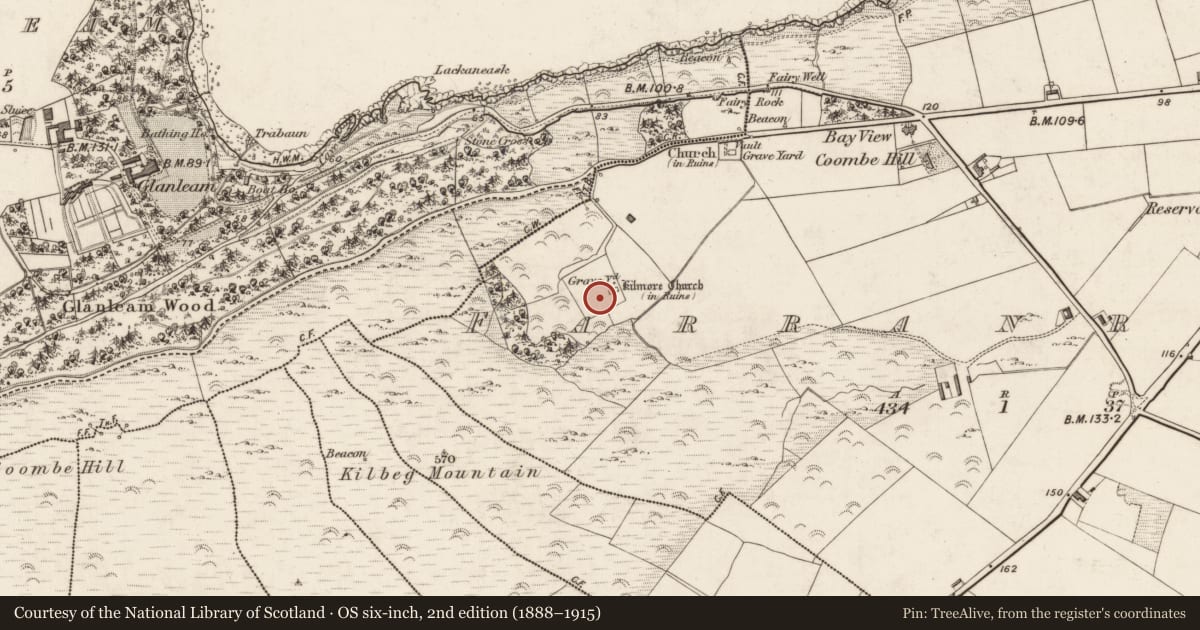 Ordnance Survey six-inch map, 2nd edition (1888–1915) covering the location of Holed stone, Farranreagh, County Kerry, with a pin at the register's coordinates