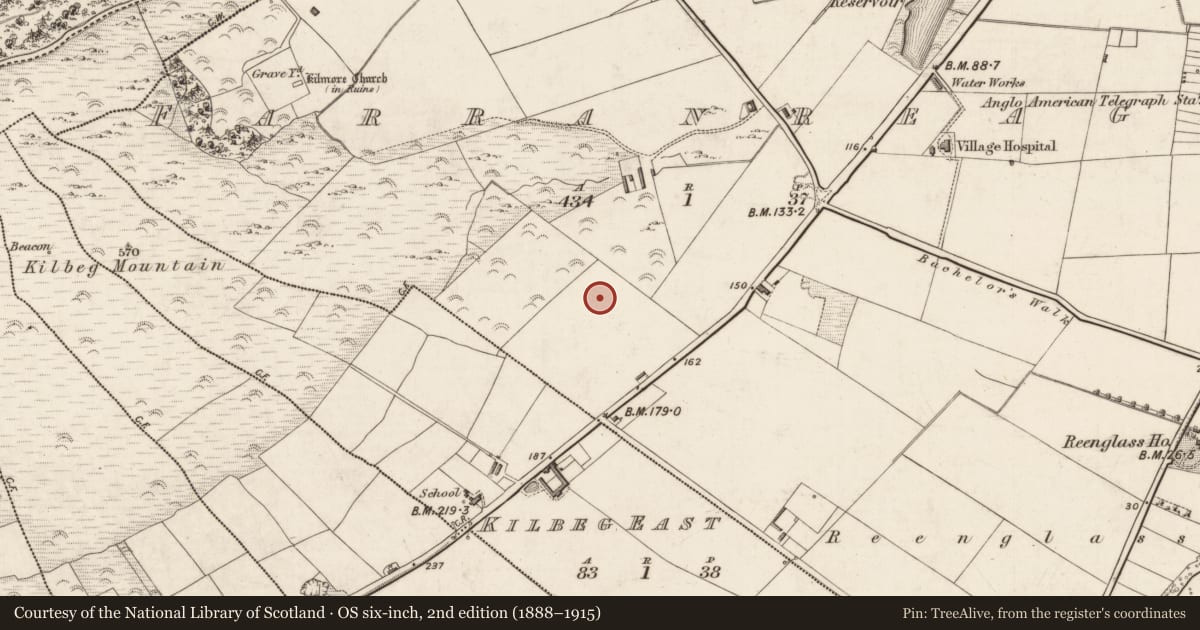 Ordnance Survey six-inch map, 2nd edition (1888–1915) covering the location of Children's burial ground, Farranreagh, County Kerry, with a pin at the register's coordinates
