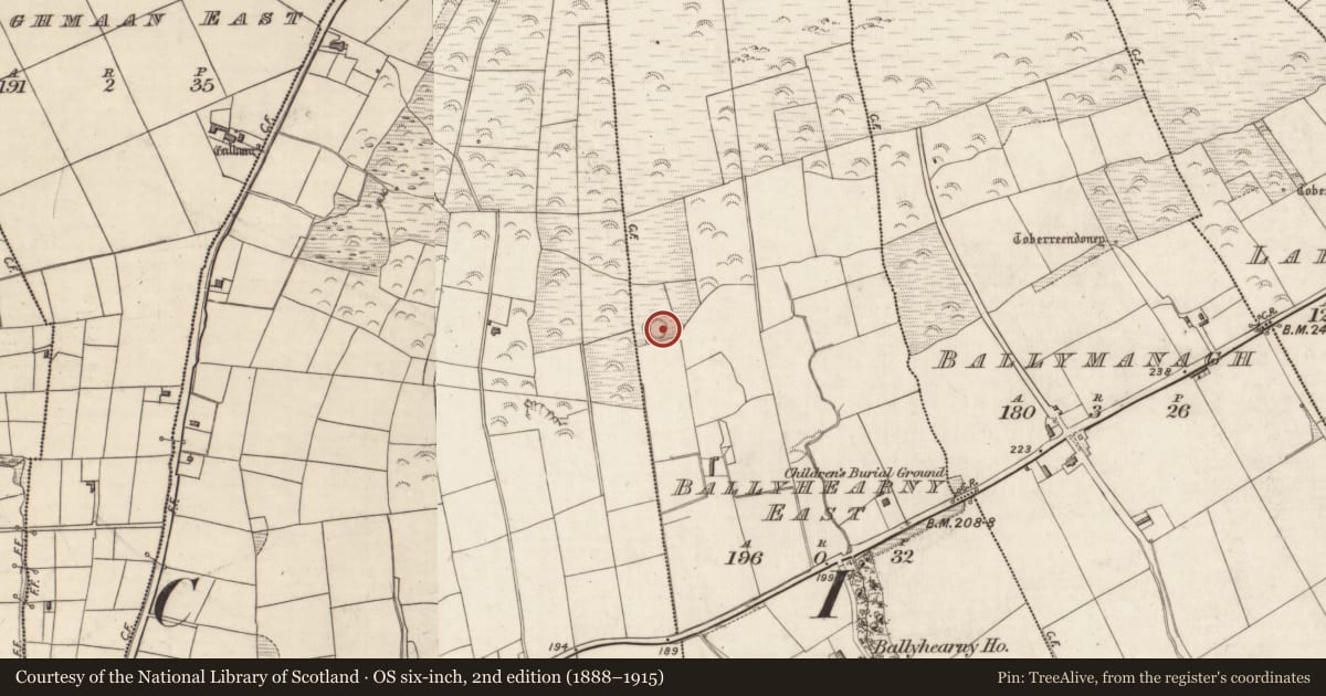 Ordnance Survey six-inch map, 2nd edition (1888–1915) covering the location of Ringfort - rath, Ballyhearny East, County Kerry, with a pin at the register's coordinates