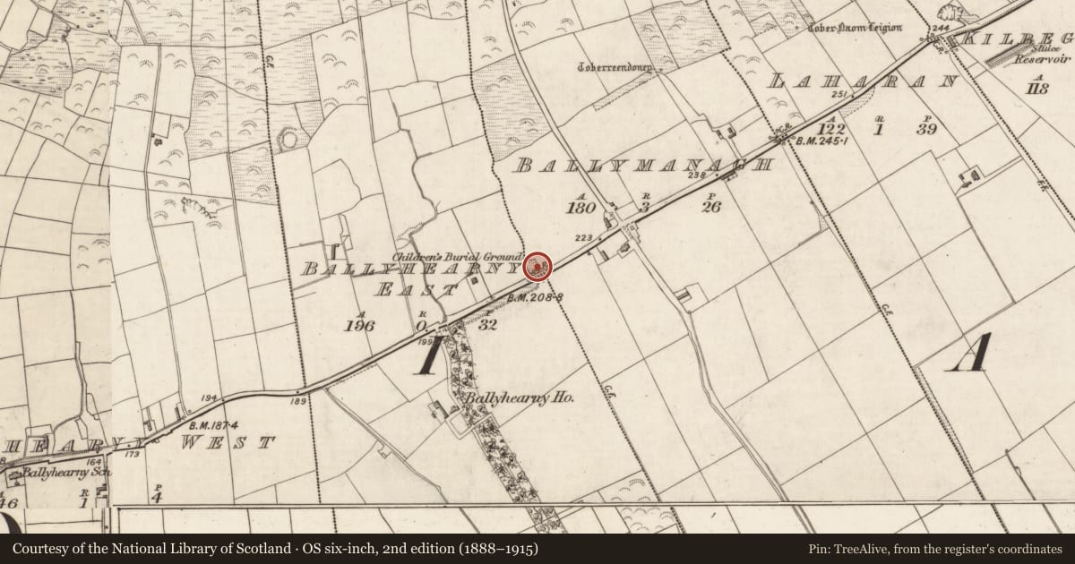 Ordnance Survey six-inch map, 2nd edition (1888–1915) covering the location of Children's burial ground, Ballymanagh, County Kerry, with a pin at the register's coordinates