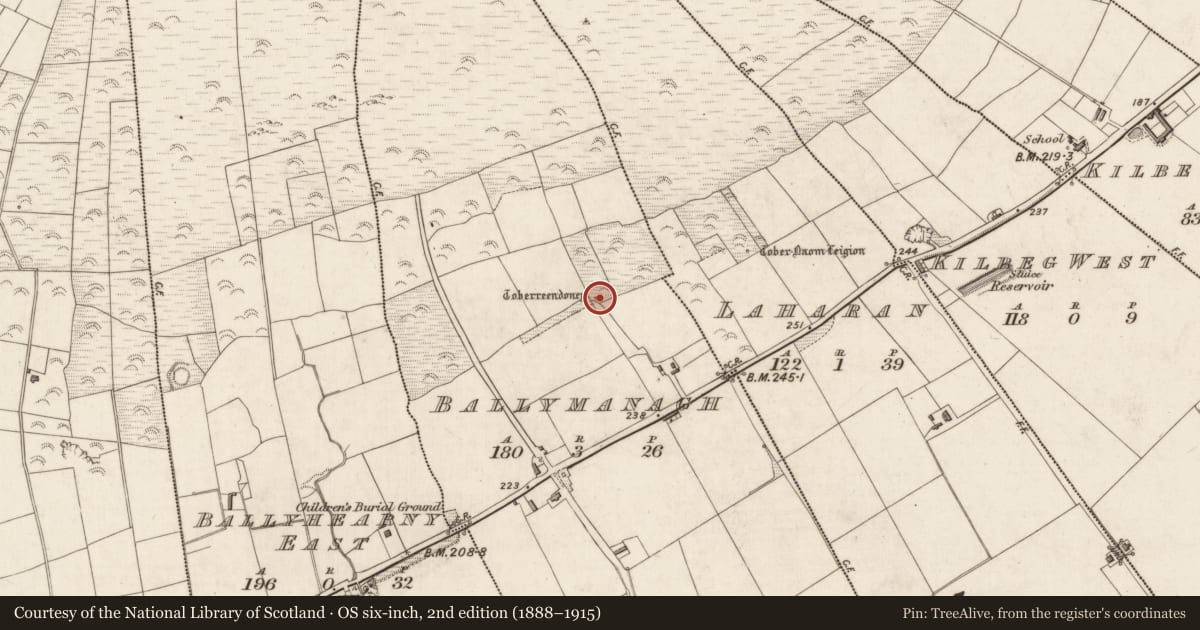 Ordnance Survey six-inch map, 2nd edition (1888–1915) covering the location of Ritual site - holy well, Ballymanagh, County Kerry, with a pin at the register's coordinates