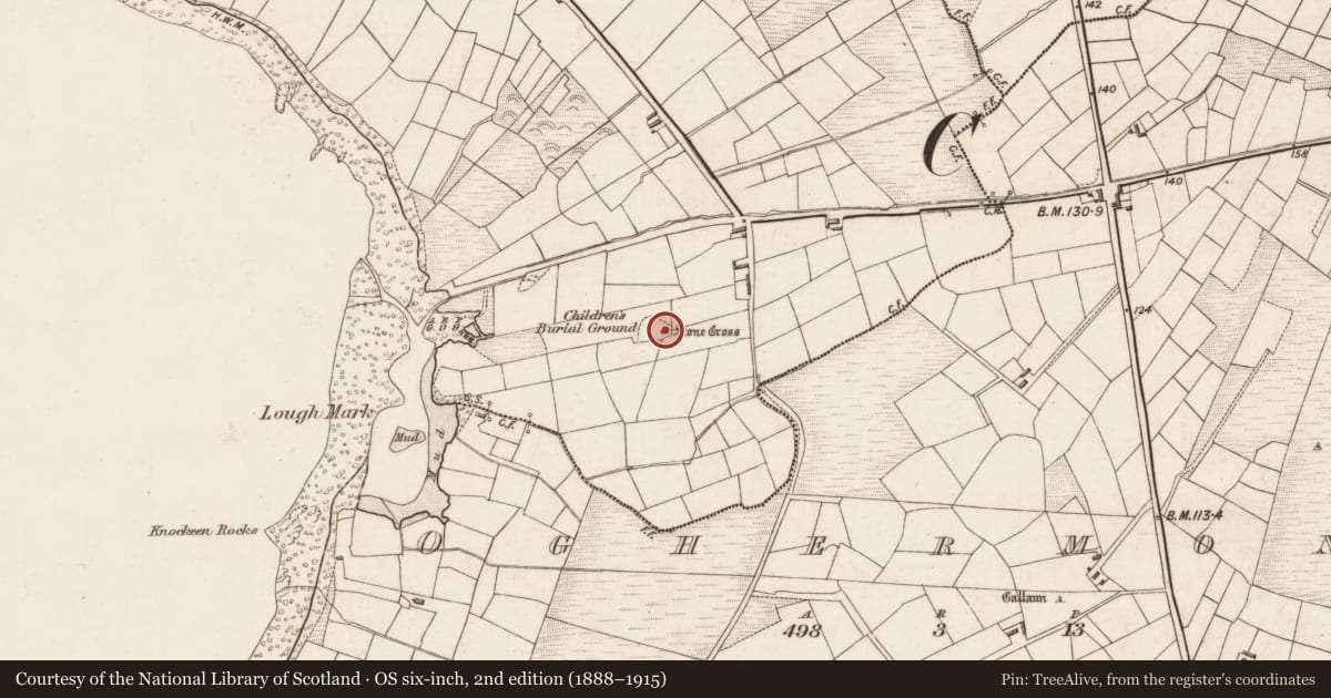 Ordnance Survey six-inch map, 2nd edition (1888–1915) covering the location of Children's burial ground, Reenard, County Kerry, with a pin at the register's coordinates