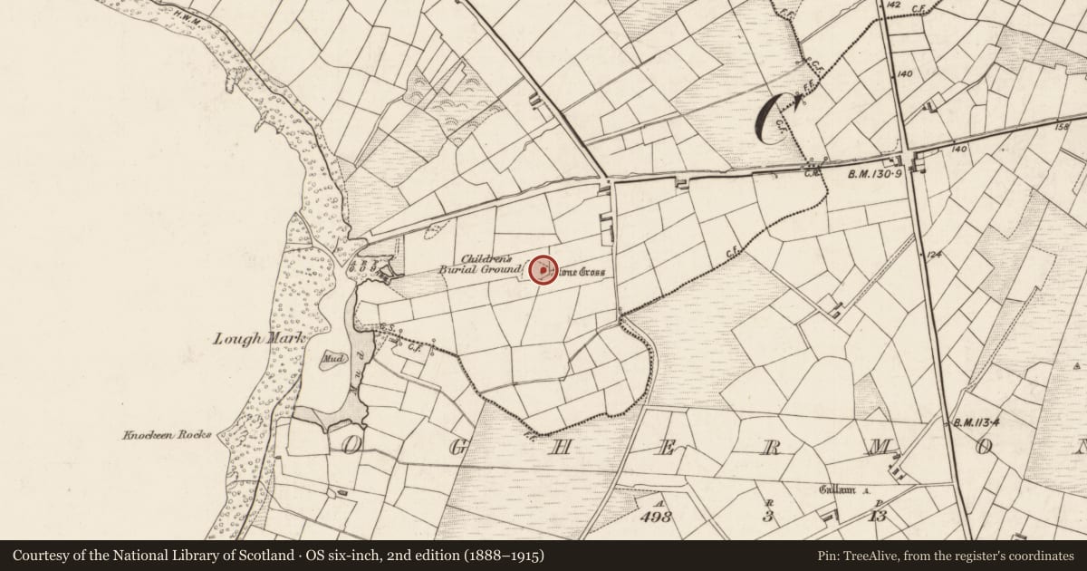 Ordnance Survey six-inch map, 2nd edition (1888–1915) covering the location of Cross, Reenard, County Kerry, with a pin at the register's coordinates