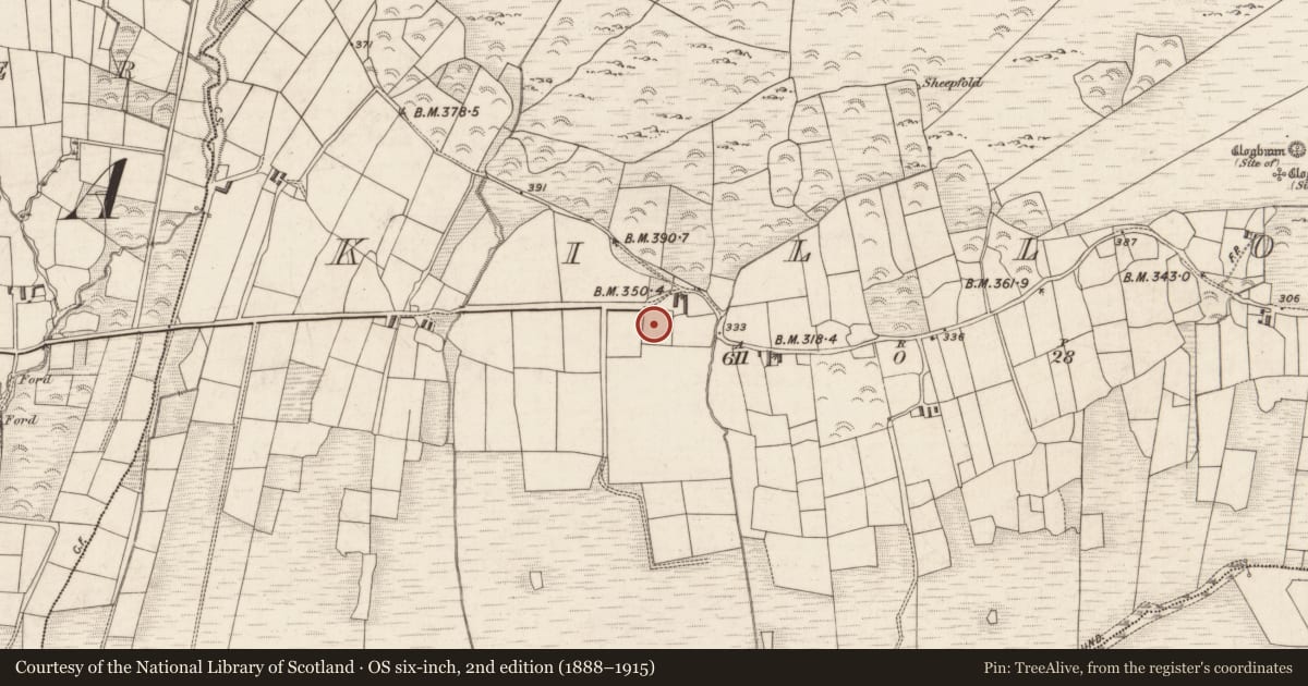 Ordnance Survey six-inch map, 2nd edition (1888–1915) covering the location of Clochan, Killoe, County Kerry, with a pin at the register's coordinates
