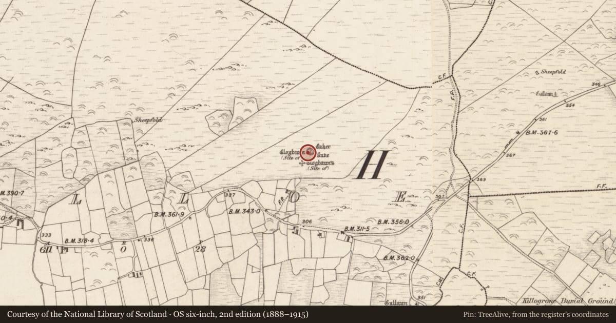 Ordnance Survey six-inch map, 2nd edition (1888–1915) covering the location of Hut site, Killoe, County Kerry, with a pin at the register's coordinates