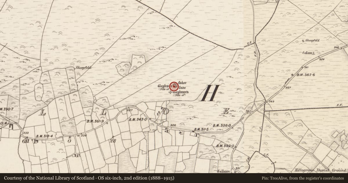 Ordnance Survey six-inch map, 2nd edition (1888–1915) covering the location of Souterrain, Killoe, County Kerry, with a pin at the register's coordinates