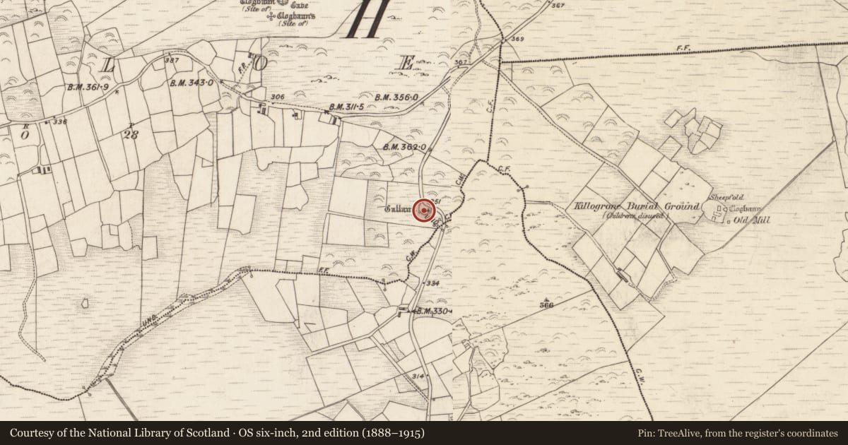 Ordnance Survey six-inch map, 2nd edition (1888–1915) covering the location of Standing stone, Killoe, County Kerry, with a pin at the register's coordinates