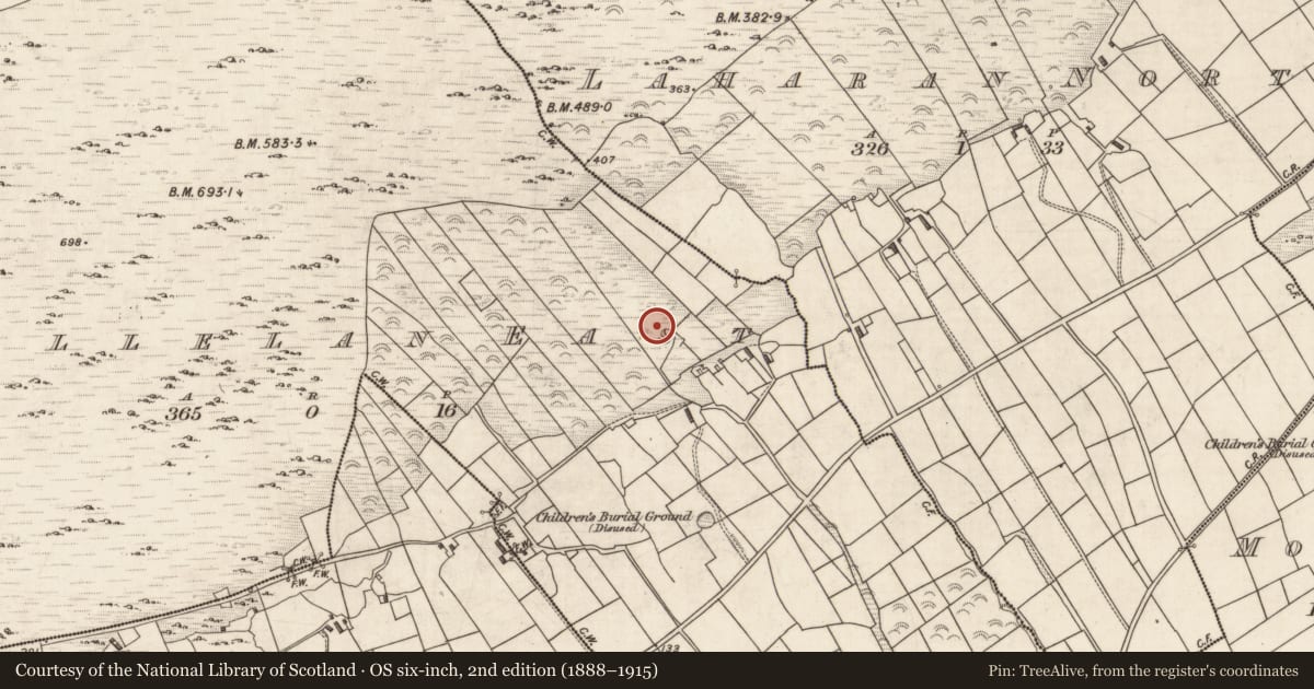 Ordnance Survey six-inch map, 2nd edition (1888–1915) covering the location of Hut site, Killelan East, County Kerry, with a pin at the register's coordinates