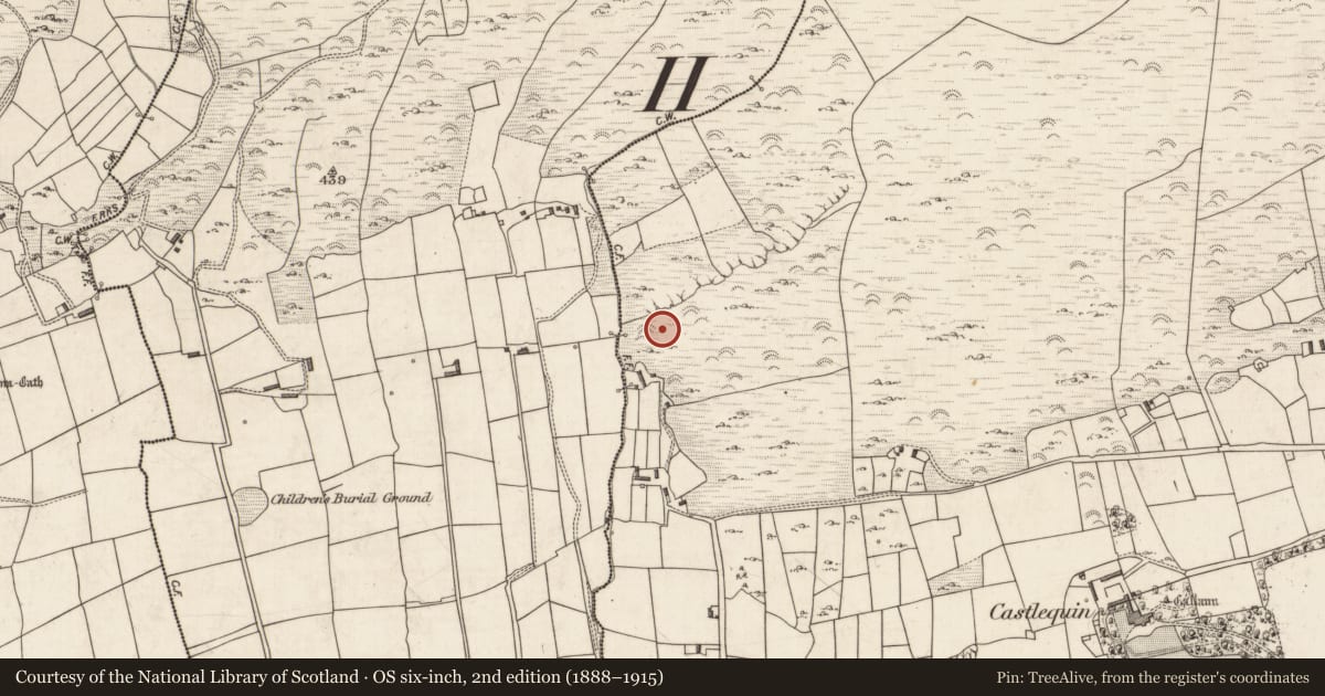 Ordnance Survey six-inch map, 2nd edition (1888–1915) covering the location of Hut site, Castlequin, County Kerry, with a pin at the register's coordinates