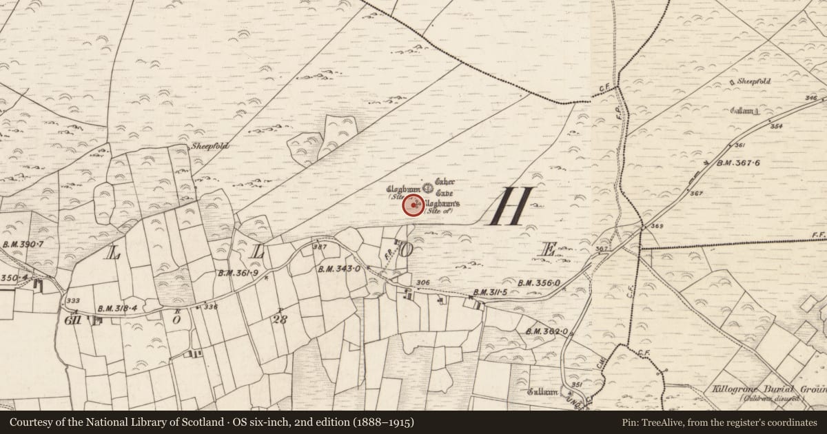 Ordnance Survey six-inch map, 2nd edition (1888–1915) covering the location of Hut site, Killoe, County Kerry, with a pin at the register's coordinates