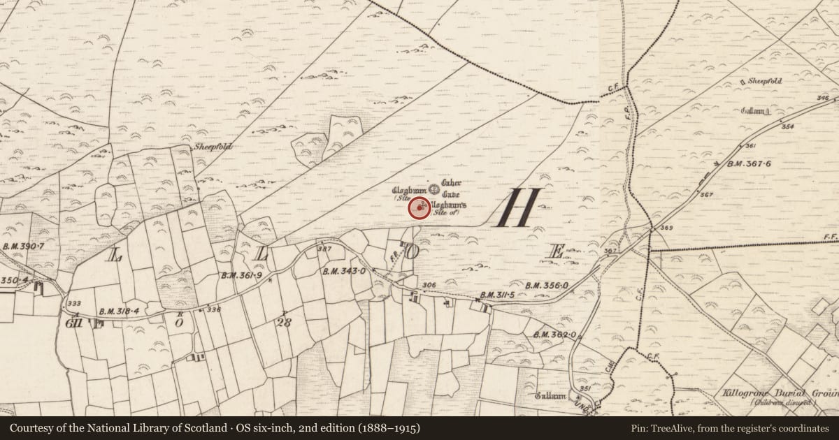 Ordnance Survey six-inch map, 2nd edition (1888–1915) covering the location of Hut site, Killoe, County Kerry, with a pin at the register's coordinates