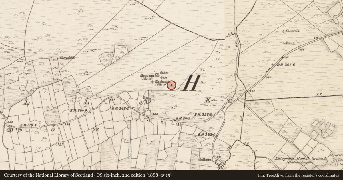 Ordnance Survey six-inch map, 2nd edition (1888–1915) covering the location of Hut site, Killoe, County Kerry, with a pin at the register's coordinates