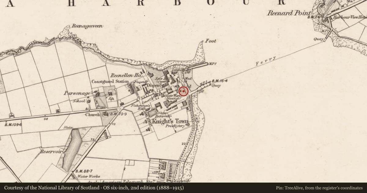 Ordnance Survey six-inch map, 2nd edition (1888–1915) covering the location of Quarry, Farranreagh, County Kerry, with a pin at the register's coordinates