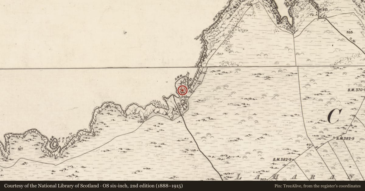Ordnance Survey six-inch map, 2nd edition (1888–1915) covering the location of Promontory fort - coastal, Killelan East, Laharan North, County Kerry, with a pin at the register's coordinates