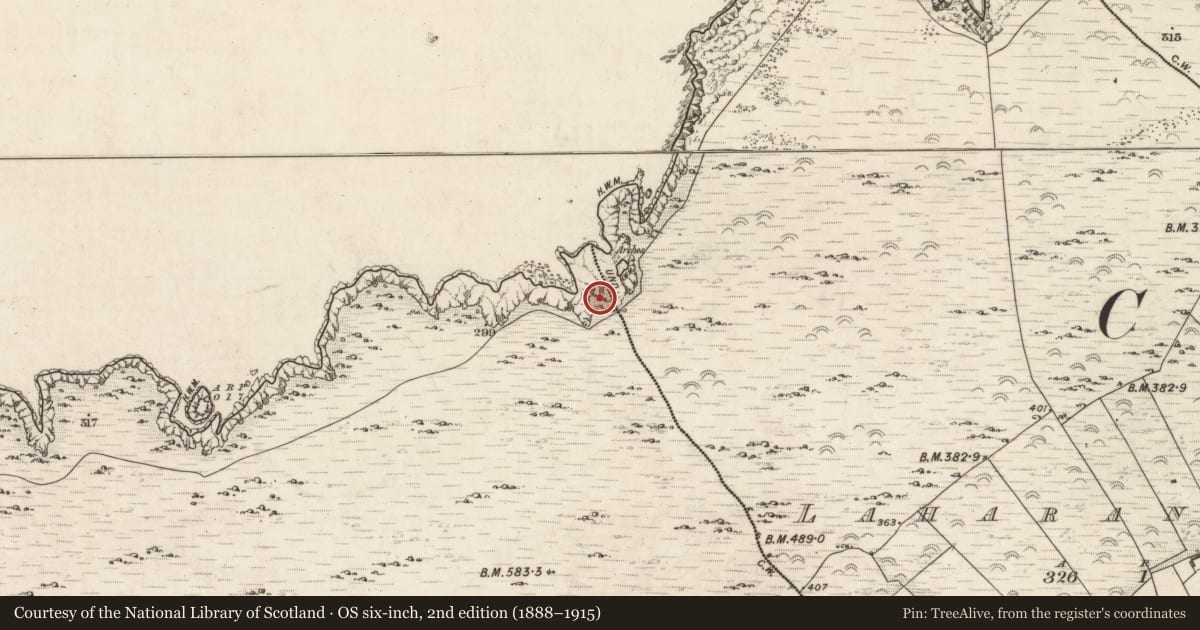 Ordnance Survey six-inch map, 2nd edition (1888–1915) covering the location of Promontory fort - coastal, Laharan North, County Kerry, with a pin at the register's coordinates