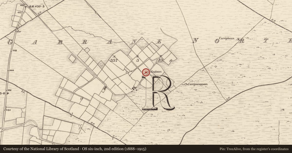 Ordnance Survey six-inch map, 2nd edition (1888–1915) covering the location of Clochan, Garrane North, County Kerry, with a pin at the register's coordinates