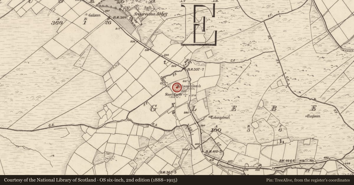 Ordnance Survey six-inch map, 2nd edition (1888–1915) covering the location of Graveyard, Glebe, County Kerry, with a pin at the register's coordinates