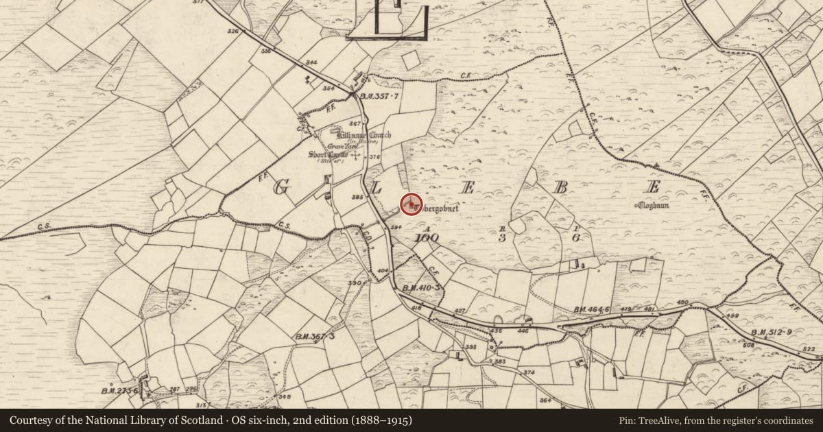 Ordnance Survey six-inch map, 2nd edition (1888–1915) covering the location of Ritual site - holy well, Glebe, County Kerry, with a pin at the register's coordinates