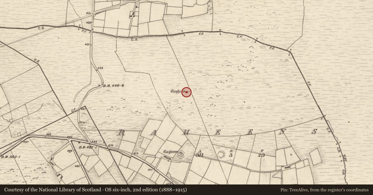 Ordnance Survey six-inch map, 2nd edition (1888–1915) covering the location of Hut site, Raheens, County Kerry, with a pin at the register's coordinates
