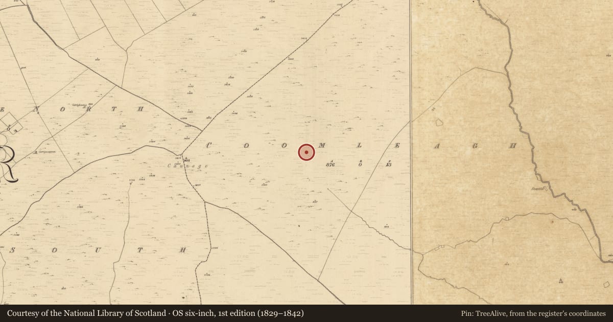 Ordnance Survey six-inch map, 1st edition (1829–1842) covering the location of Field boundary, Coomleagh, County Kerry, with a pin at the register's coordinates