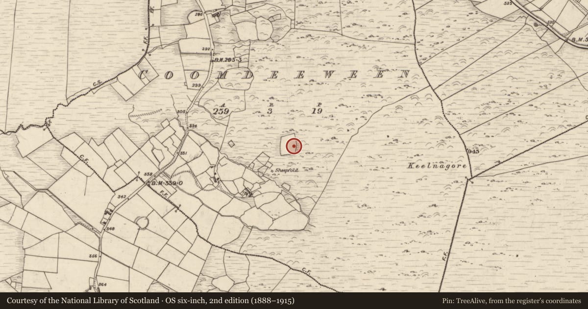 Ordnance Survey six-inch map, 2nd edition (1888–1915) covering the location of Megalithic structure, Coomdeeween, County Kerry, with a pin at the register's coordinates