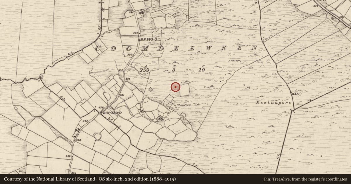 Ordnance Survey six-inch map, 2nd edition (1888–1915) covering the location of Fulacht fia, Coomdeeween, County Kerry, with a pin at the register's coordinates