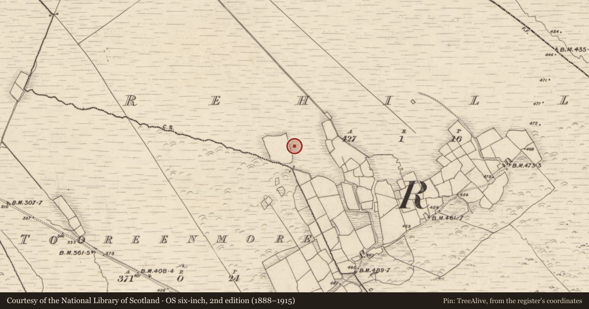 Ordnance Survey six-inch map, 2nd edition (1888–1915) covering the location of Hut site, Rehill, County Kerry, with a pin at the register's coordinates