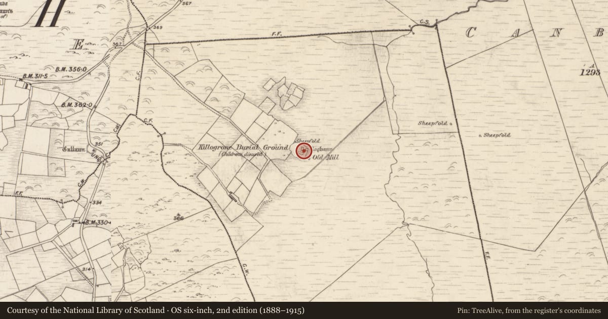 Ordnance Survey six-inch map, 2nd edition (1888–1915) covering the location of Leacht, Killogrone, County Kerry, with a pin at the register's coordinates
