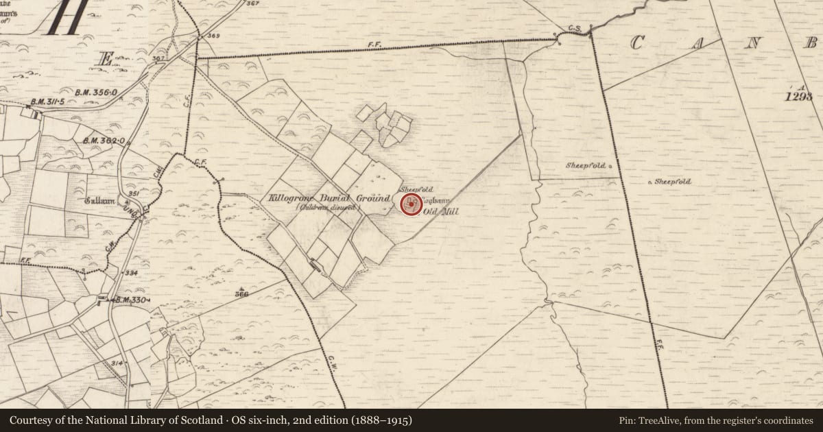 Ordnance Survey six-inch map, 2nd edition (1888–1915) covering the location of Church, Killogrone, County Kerry, with a pin at the register's coordinates