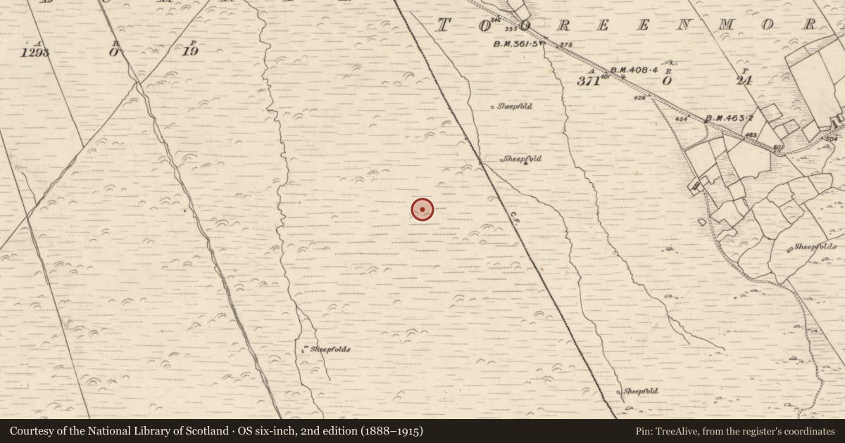 Ordnance Survey six-inch map, 2nd edition (1888–1915) covering the location of Field boundary, Canburrin, County Kerry, with a pin at the register's coordinates