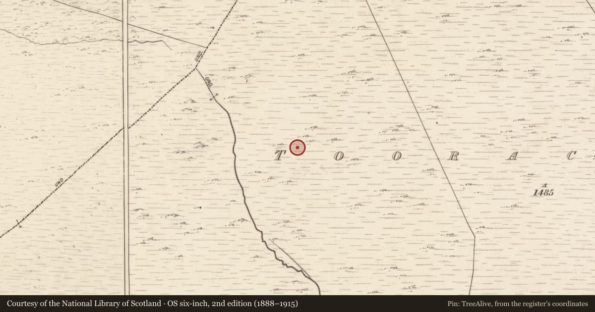 Ordnance Survey six-inch map, 2nd edition (1888–1915) covering the location of Megalithic tomb - wedge tomb, Tuar An Chladáin, County Kerry, with a pin at the register's coordinates