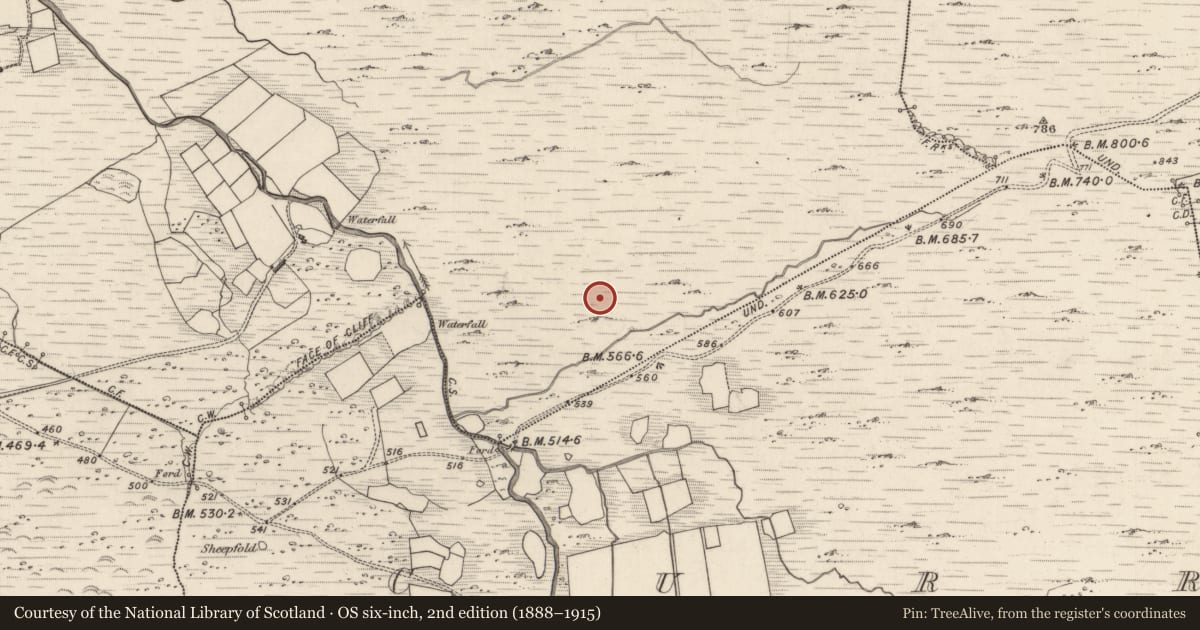 Ordnance Survey six-inch map, 2nd edition (1888–1915) covering the location of Hut site, Meall Na Mbreac, County Kerry, with a pin at the register's coordinates