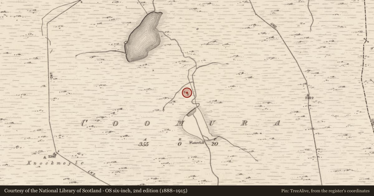 Ordnance Survey six-inch map, 2nd edition (1888–1915) covering the location of Hut site, Com Úra, County Kerry, with a pin at the register's coordinates