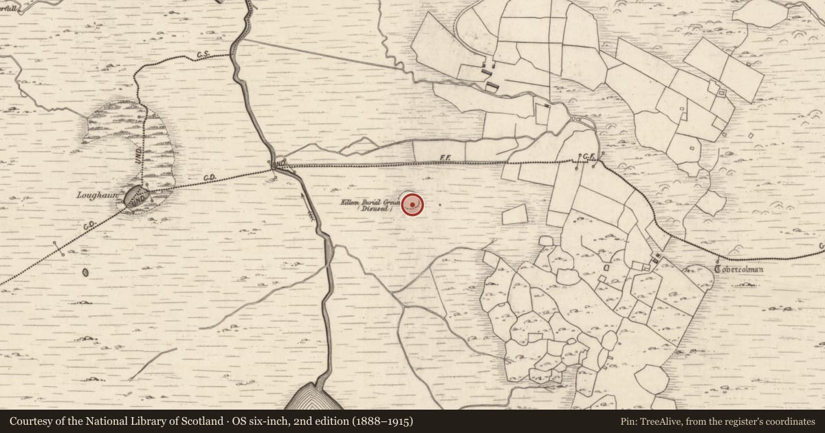 Ordnance Survey six-inch map, 2nd edition (1888–1915) covering the location of Bullaun stone, Cloon West, County Kerry, with a pin at the register's coordinates