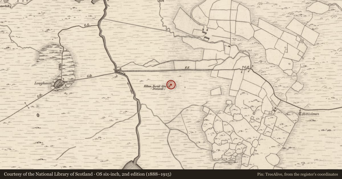 Ordnance Survey six-inch map, 2nd edition (1888–1915) covering the location of Children's burial ground, Cloon West, County Kerry, with a pin at the register's coordinates