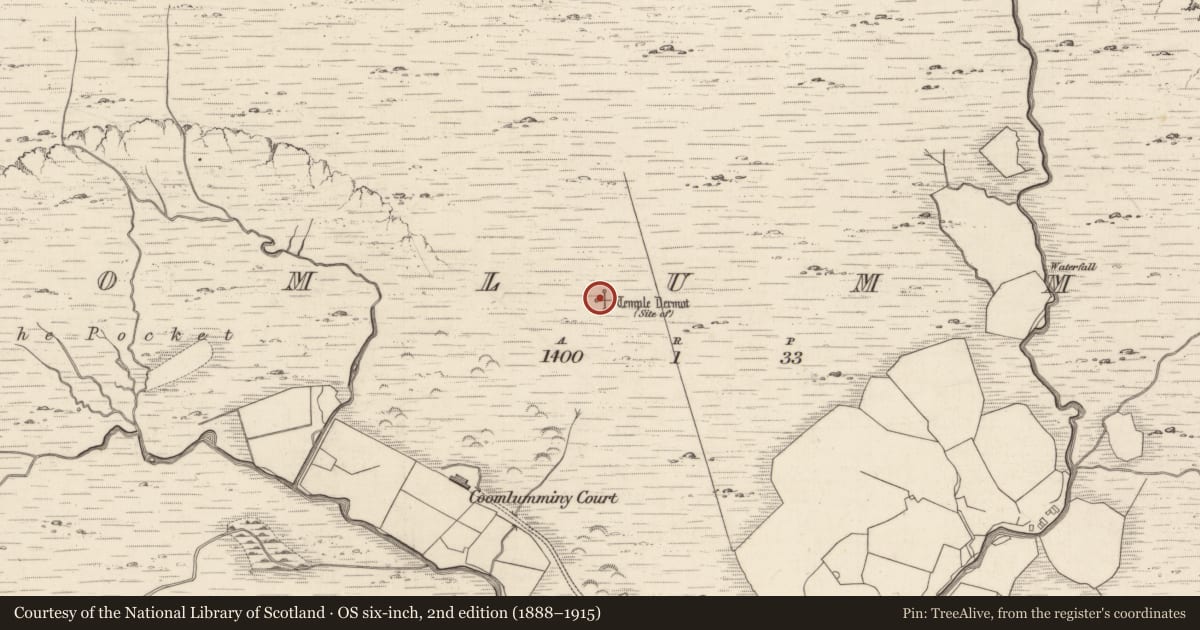 Ordnance Survey six-inch map, 2nd edition (1888–1915) covering the location of Church, Coomlumminy, County Kerry, with a pin at the register's coordinates