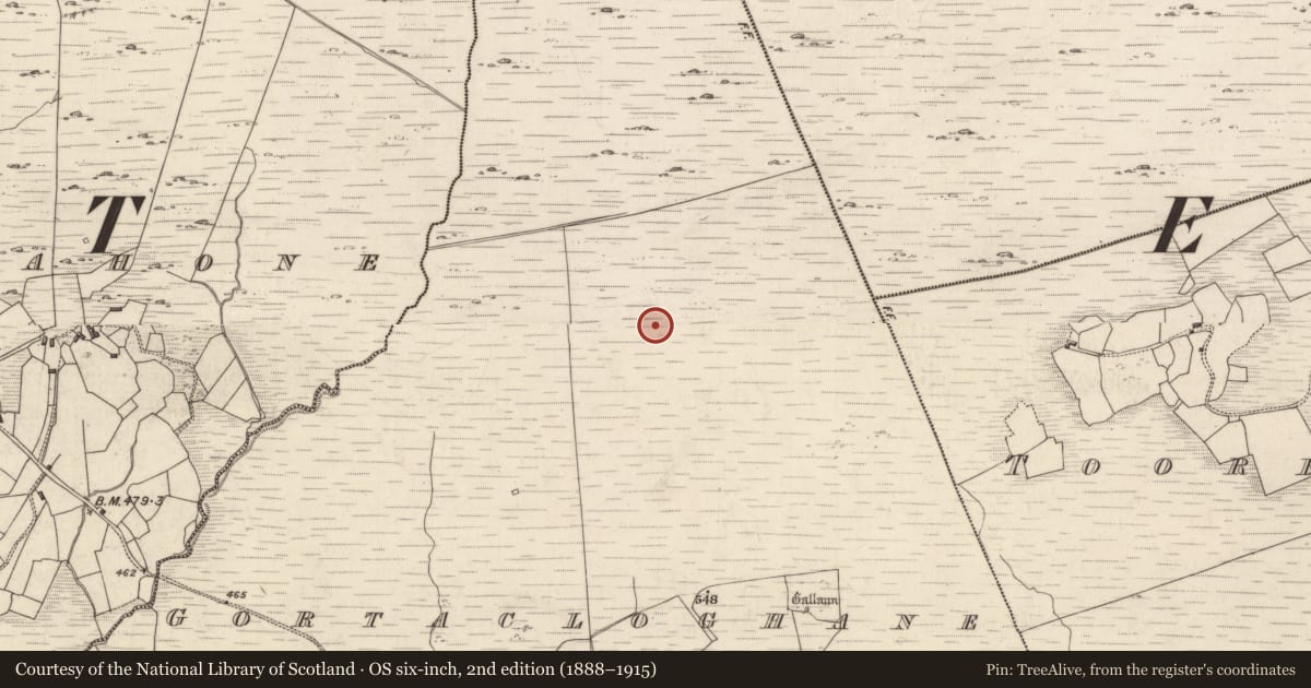 Ordnance Survey six-inch map, 2nd edition (1888–1915) covering the location of Enclosure, Gortacloghane, County Kerry, with a pin at the register's coordinates