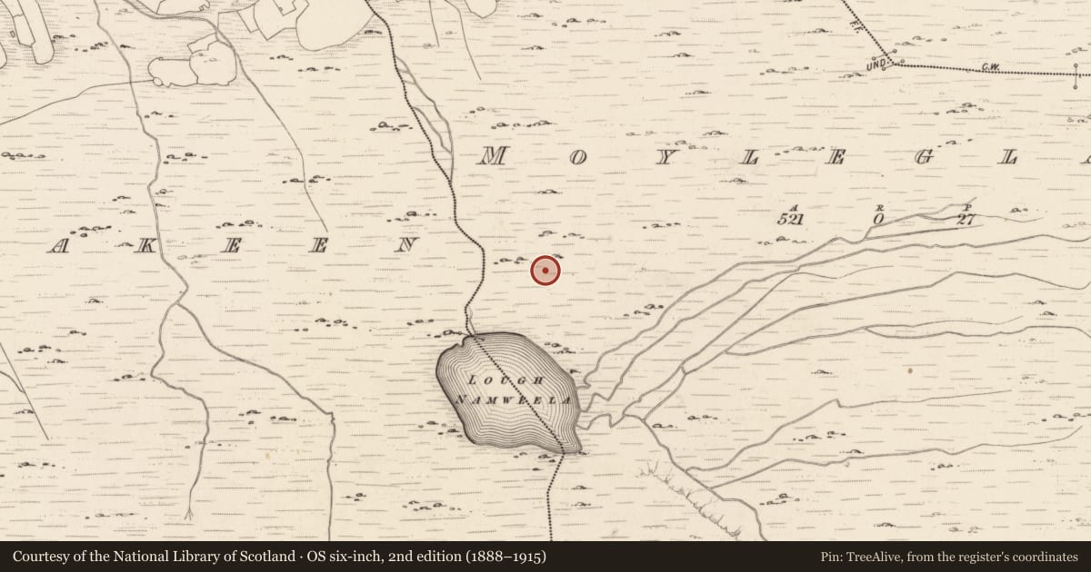 Ordnance Survey six-inch map, 2nd edition (1888–1915) covering the location of Enclosure, Moyleglass, County Kerry, with a pin at the register's coordinates