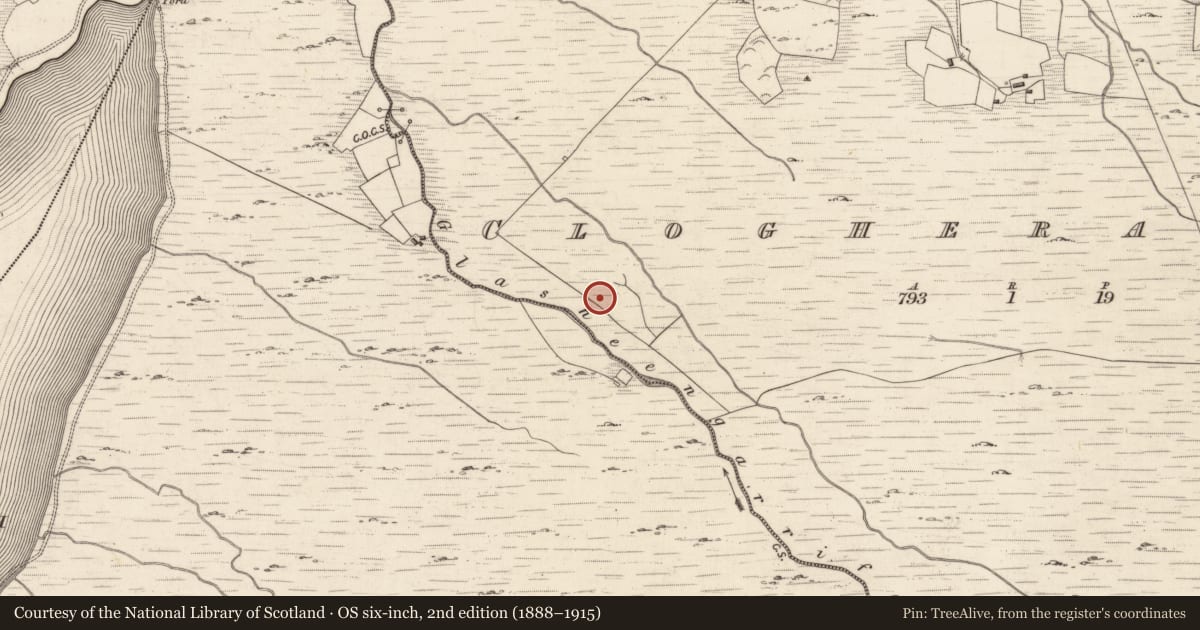 Ordnance Survey six-inch map, 2nd edition (1888–1915) covering the location of Enclosure, Cloghera More, County Kerry, with a pin at the register's coordinates