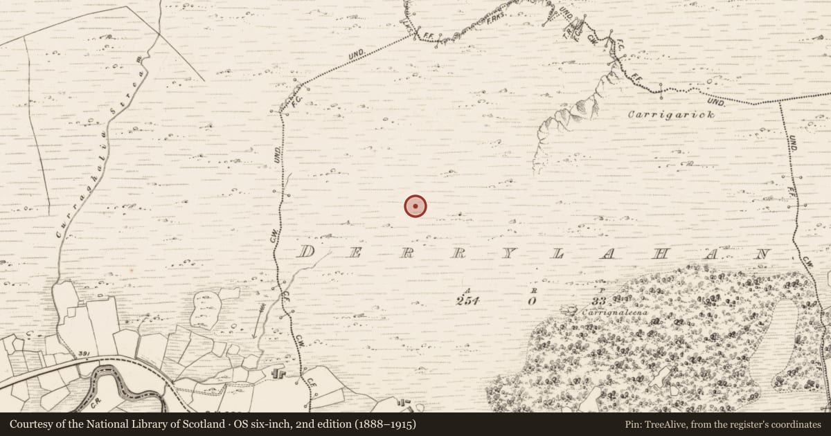 Ordnance Survey six-inch map, 2nd edition (1888–1915) covering the location of Enclosure, Derrylahan, County Kerry, with a pin at the register's coordinates